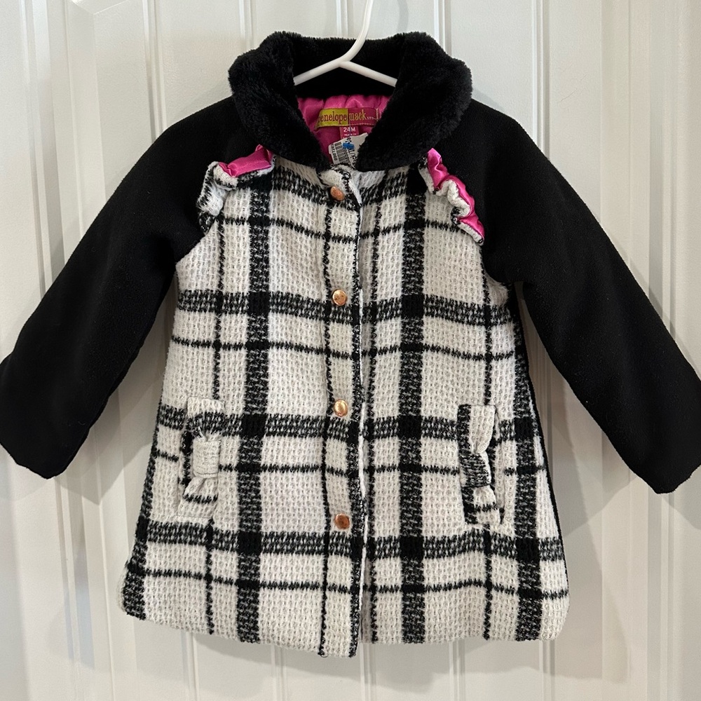 Penelope Mack Black White Pink Wool Blend Plaid Coat Size 24 M NWT